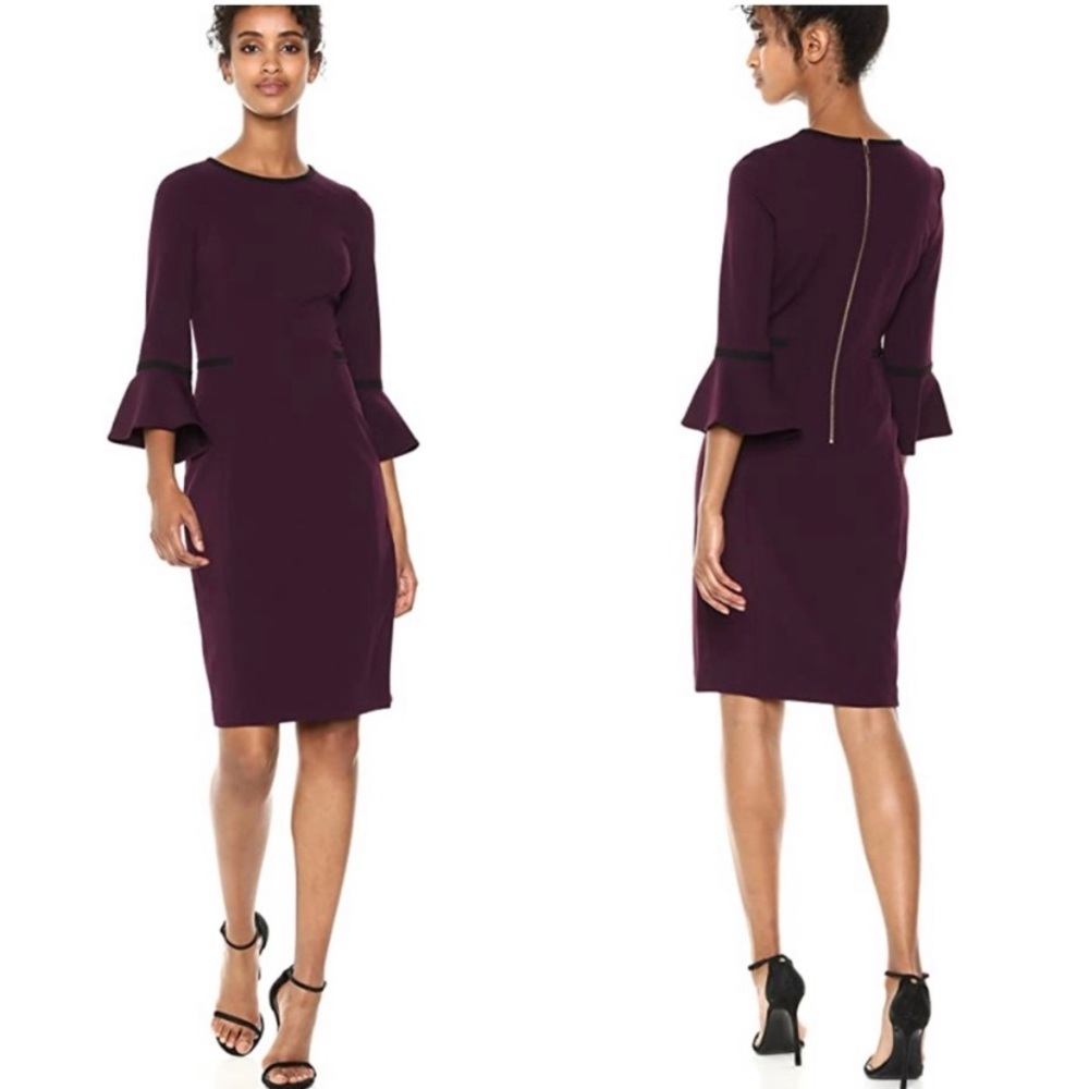 Calvin Klein Purple Piped Bell Sleeve Sheath Bobbie Spencer Dress Size 2